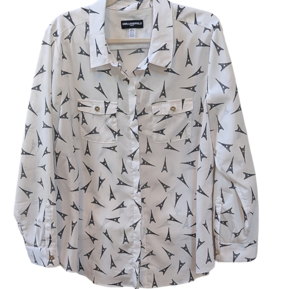 Paris/Eiffel Tower Print, Button Down Blouse. Karl Lagerfeld. XL